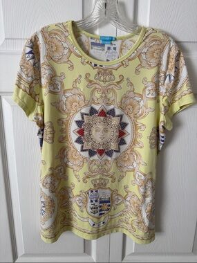 J. McLaughlin Yellow and Blue Printed Tee- large